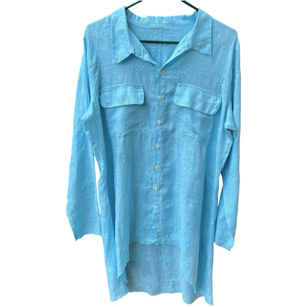 CP Shades Linen Floral Embroidery High Low Hem Coastal Lagenlook Tunic Sz S/M